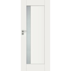 Białe drzwi wewnętrzne z paskiem szkła i klamką.