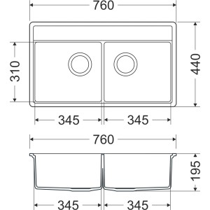 Rysunek techniczny zlewozmywaka granitowego t.b.t. z podwójną misą i wymiarami.