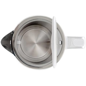 Widok wnętrza czajnika t.b.t. ze stali nierdzewnej z otwartą pokrywką.