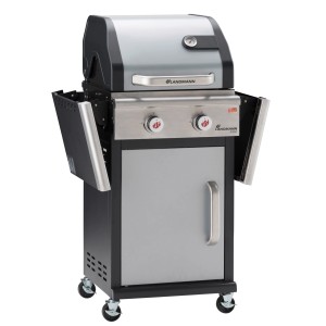 Landmann Grill gazowy Triton PTS 2.0, srebrny wózek grillowy z 2 palnikami i półkami bocznymi.