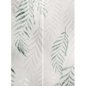 Płytka dekoracyjna ze wzorem liści w odcieniach zieleni i szarości.