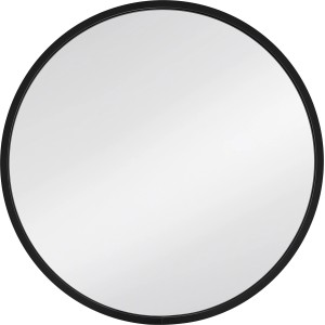 Okrągłe lustro z czarną ramą, odpowiednie jako lustro ścienne lub lustro łazienkowe.