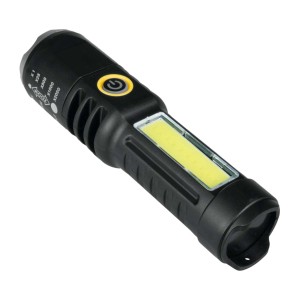 Czarna latarka t.b.t. z funkcją zoom i światłem COB do wszechstronnego oświetlenia.