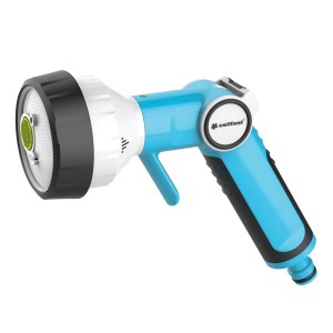 Jasnoniebieski pistolet natryskowy ogrodowy z czarną rączką i białą głowicą.