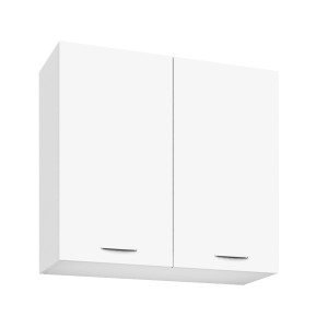 Biała szafka wisząca do zestawu mebli kuchennych z dwoma drzwiami i uchwytami.