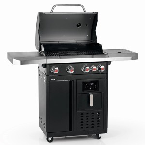 Czarny grill gazowy t.b.t. z elementami ze stali nierdzewnej i wyświetlaczem cyfrowym.