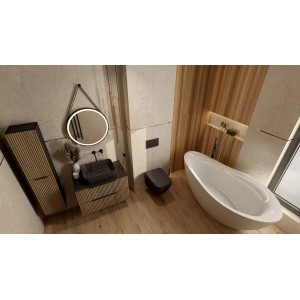 Wolnostojąca wanna w nowoczesnej łazience z umywalką, lustrem i WC.