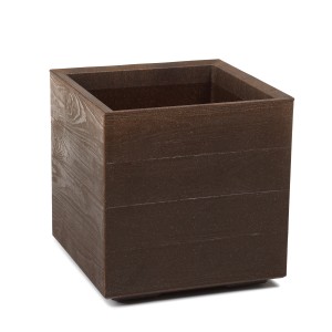 Kwadratowa, brązowa donica t.b.t. Donice o strukturze drewna do ogrodu.