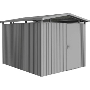 Metalowy domek narzędziowy Biohort Panorama w kolorze szary kwarc, 7,6 m² z drzwiami. Idealny do przechowywania w ogrodzie.