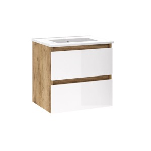 t.b.t. Szafka pod umywalkę z dwiema białymi szufladami i korpusem w kolorze drewna.