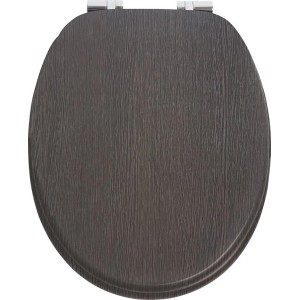 Deska sedesowa t.b.t. z ciemnego drewna z chromowanymi zawiasami.