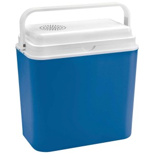 Niebieski pojemnik termoizolacyjny t.b.t. na kemping z białą pokrywą i uchwytem.