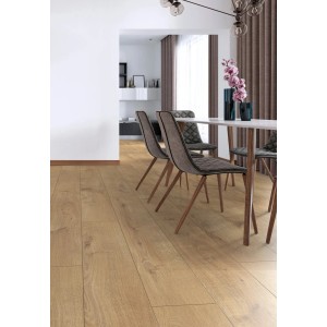 Jasne panele podłogowe laminowane t.b.t. ułożone w salonie.