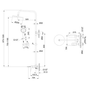 Rysunek techniczny kolumny prysznicowej z wymiarami do instalacji i projektu.