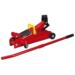 Czerwony podnośnik samochodowy z dźwignią do pomocy drogowej i pierwszej pomocy.