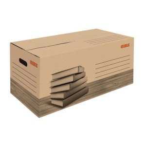 Brązowy karton OBI z miejscem na etykietę i uchwytem, obok stos książek.