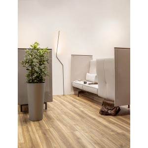 Panel laminowany t.b.t. ułożony w salonie z rośliną i miejscem do siedzenia.