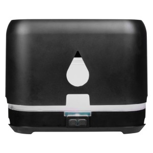 Czarny nawilżacz powietrza z symbolem kropli wody dla przyjemnego klimatu w pomieszczeniu.