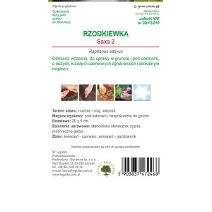 Opakowanie nasion rzodkiewki Saxa 2: Wczesna odmiana do uprawy w gruncie i pod osłonami.
