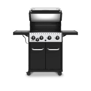 Czarny grill gazowy ze srebrnymi detalami i otwartą pokrywą.