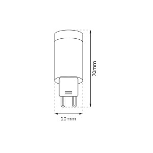 Szkic żarówki LED G9 z wymiarami (wysokość 70 mm, szerokość 20 mm).