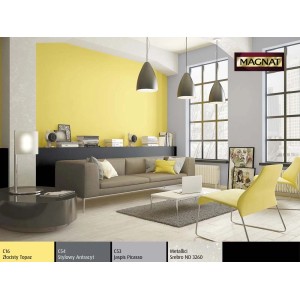 Pokój dzienny z żółtą ścianą pomalowaną farbą do ścian t.b.t.