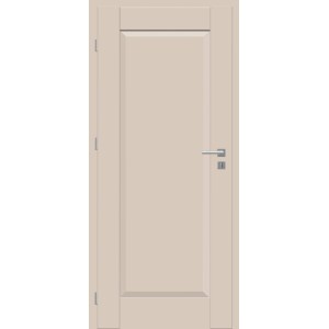 Beżowe drzwi wewnętrzne o prostym designie z srebrną klamką.