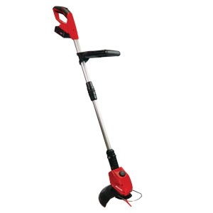 Czerwony akumulatorowy podkaszacz t.b.t. do precyzyjnego przycinania krawędzi trawnika.