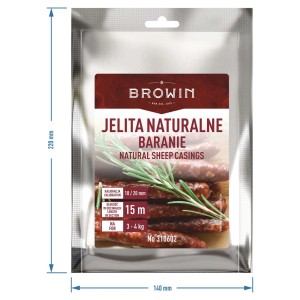 Opakowanie naturalnych jelit baranich, kaliber 18/20 mm, do wyrobu kiełbas w winiarstwie i przetwórstwie.