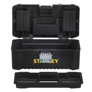Otwarta plastikowa skrzynka narzędziowa Stanley 12,5 cala z wyjmowaną tacką i organizerem w pokrywie.