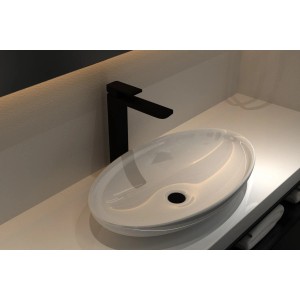 Nowoczesna czarna bateria umywalkowa z umywalką nablatową. Elegancki design do Twojej łazienki.