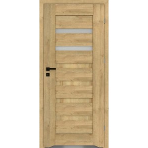 Nowoczesne drzwi wewnętrzne t.b.t. w drewnopodobnym wykończeniu ze szklaną wstawką.