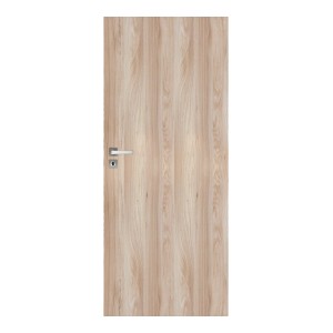 Drzwi wewnętrzne t.b.t. z jasnym dekorem drewna i srebrną klamką.