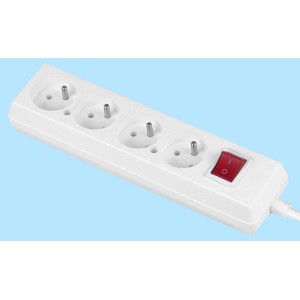 Biała listwa zasilająca z czterema gniazdami Schuko i czerwonym włącznikiem.