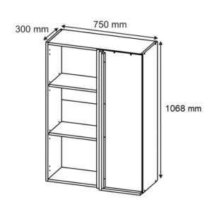Rysunek techniczny: Szafka t.b.t. z półką i drzwiami, wymiary 1068x750x300 mm.