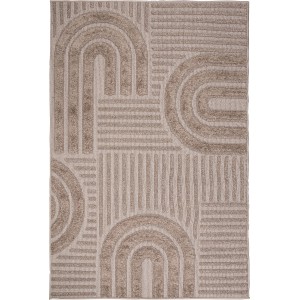 Beżowy dywan z abstrakcyjnym wzorem łuków i linii.