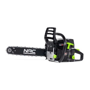 Piła łańcuchowa t.b.t., pilarka spalinowa w kolorze czarnym/srebrnym/zielonym.