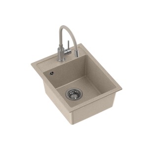 Beżowy zlewozmywak granitowy z baterią, widok z góry. Idealny do nowoczesnych kuchni.