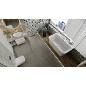 Nowoczesna łazienka z wolnostojącą wanną prostokątną.