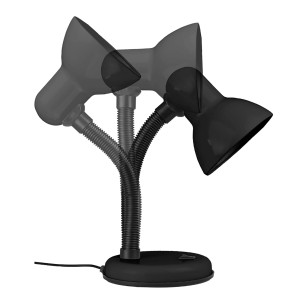Czarna lampka biurkowa z elastycznym ramieniem w różnych pozycjach.