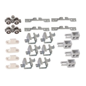 t.b.t. Akcesoria do drzwi, składające się z rolek, wsporników i elementów mocujących.