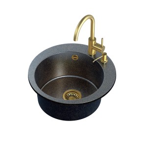 Okrągły, czarny zlewozmywak granitowy ze złotą baterią i dozownikiem mydła.