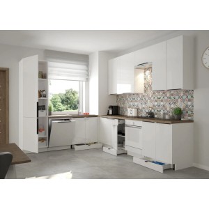 Jasna, nowoczesna kuchnia z kategorii zestawy mebli kuchennych z białymi frontami i ciemnym blatem.