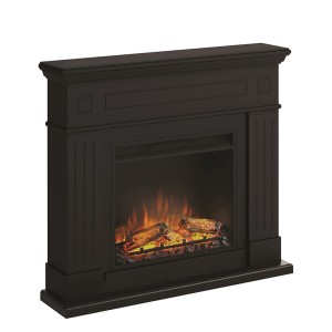 Czarny kominek elektryczny z efektem płomienia i dekoracją drewna.