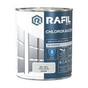 Puszka farby antykorozyjnej Rafil Chlorokauczuk, jasnoszara, do metalu i betonu.