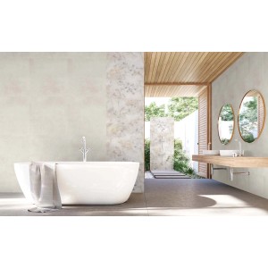 Nowoczesna łazienka z białymi płytkami i elementami dekoracyjnymi.