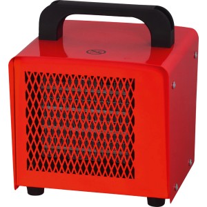 Czerwony, przenośny grzejnik elektryczny z czarną rączką i kratką.