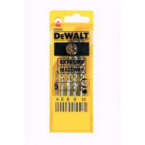 Zestaw wierteł Dewalt, 5 sztuk, do muru, rozmiary 4-10 mm, w żółtym opakowaniu.