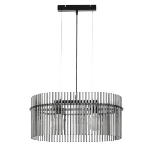 Nowoczesna lampa wisząca t.b.t. ze srebrnymi prętami i czterema żarówkami.