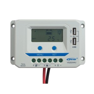 Regulator ładowania fotowoltaicznego z wyświetlaczem, portami USB i złączami paneli słonecznych.